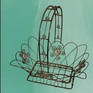Vtg Decorative Silver Wire Basket Floral Accents Beads Aqua Blue Pink